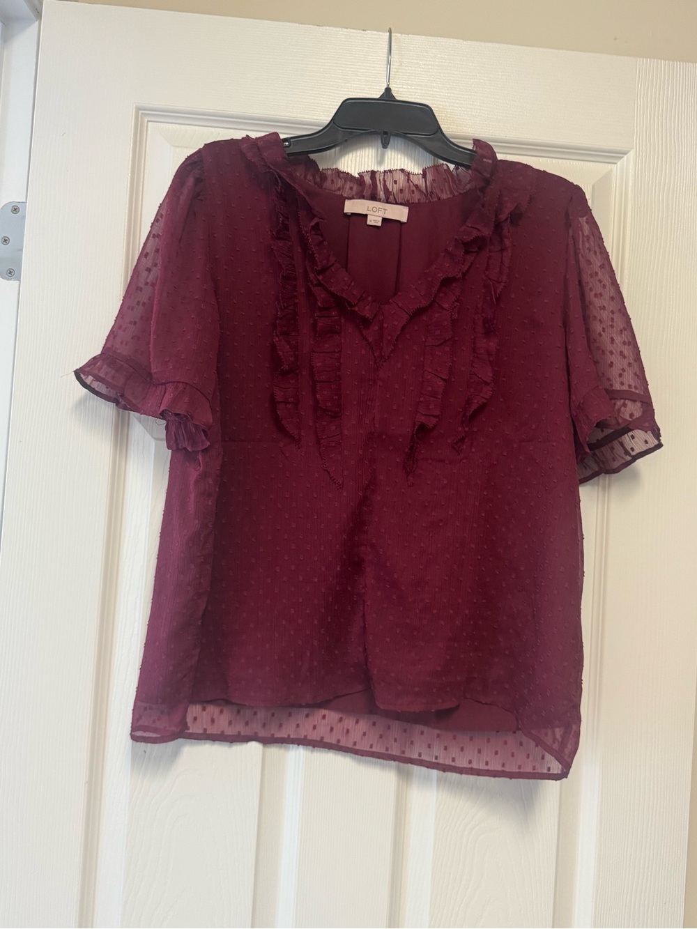 LOFT Burgundy Ruffle Dot Semi-Sheer Blouse